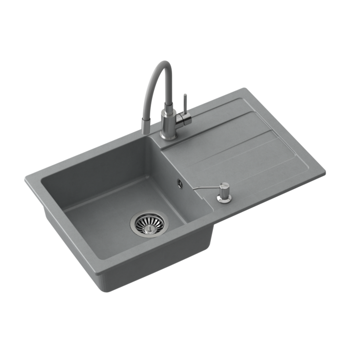READY- MAX GREY Chiuveta din granit 1 kit fara (77x44x17, 5) + baterie cu gura flexibila + dozator din otel + sifon