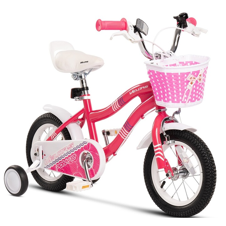 Детски MTB велосипед, 14" колела, C-Brake/предни - Барабан/задни, Кошница, Допълнителни колела, фуксия, Velurs Baby Kids Sport Pony Bike за възраст 3/5 години - Между 90-105 см