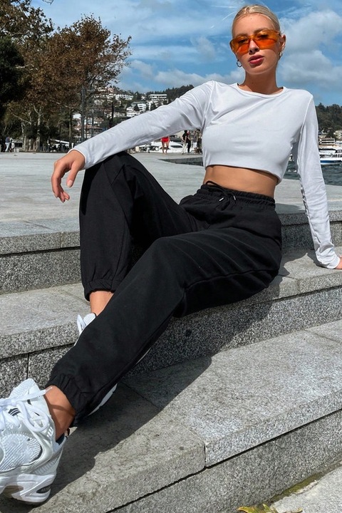 Pantaloni Trening Dama, Confortabili Cu Talie Inalta Si Snur, Negru