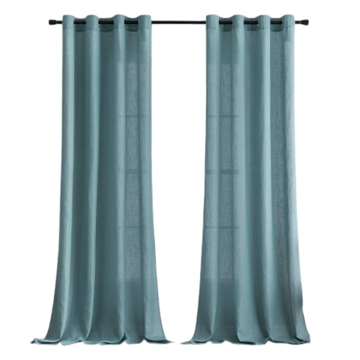 Set de 2 perdele MIULEE, aspect de in, cu inele, semitransparenta moderna, 140 x 245 cm, albastru