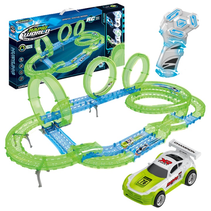 Set circuit de curse ProNice, 71 piese, 2 masinute cu telecomanda, iluminare, 73x39.5x7cm