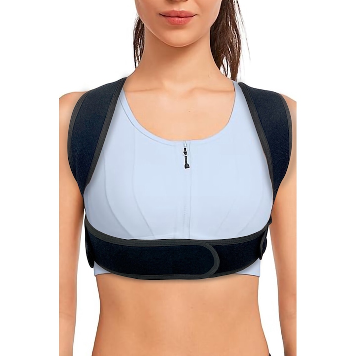 Corset corector de postura ortopedic medical ajustabil, Help Steps, negru, tesatura reglabila, fara transpiratie, 107 cm x 26 cm