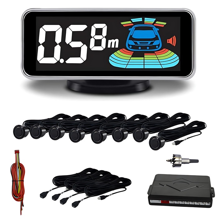 Senzori de parcare fata si spate, Fudisenn®, 8 senzori, ecran LCD, negru