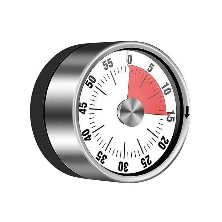 Cronometru de bucatarie mecanic rotund, otel inoxidabil, 60 mm, mini, compact si portabil, magnetic, alb