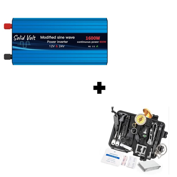 Set Invertor 800W/1600W unda modificata 12V si 24V-220V si kit supravietuire/camping 18 piese