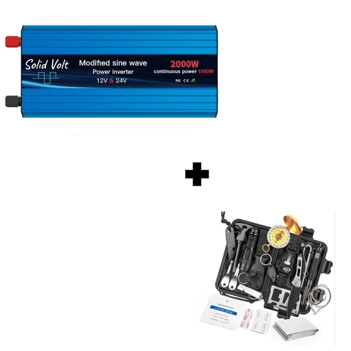 Set Invertor 1000W/2000W unda modificata 12V si 24V-220V si kit supravietuire/camping 18 piese