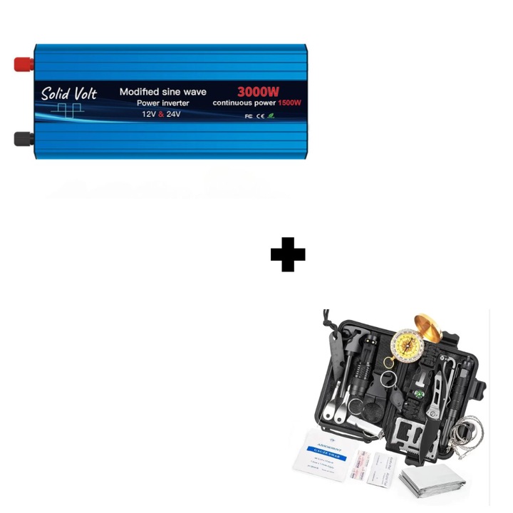 Set Invertor 1500W/3000W unda modificata 12V si 24V-220V si kit supravietuire/camping 18 piese