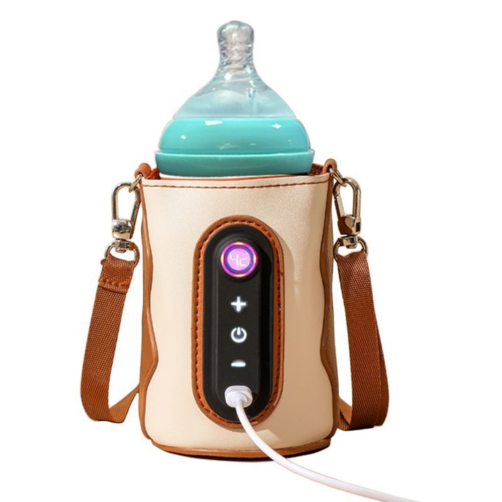 Incalzitor de lapte pentru bebelusi, set multifunctional, 26 niveluri de temperatura, portabil, alb si maro