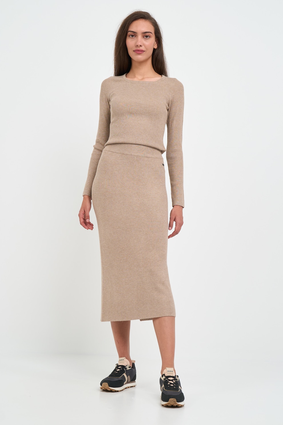 KVL by KENVELO, Fusta midi tricotata fin, Bej deschis melange, XL