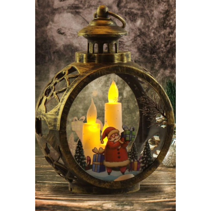 Decoratiune Craciun, lampa cu trei lumanari si Mos Craciun, culoare bronz