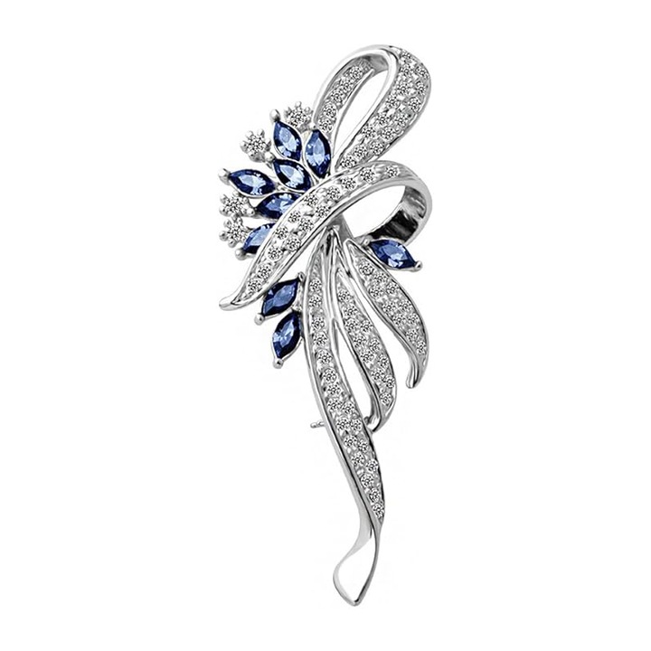 Брошка с камъни, Винтидж стил, Цвете, Син, 6.5x3 см, С подаръчна кутия