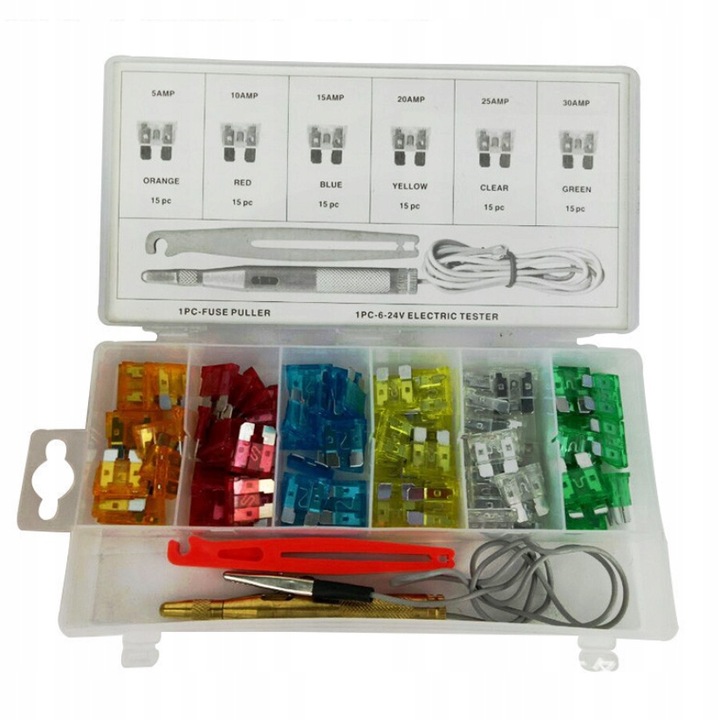 Set sigurante zincate 5A-30A, Rosfix, 93 elemente, tester tensiune, cleste demontare, cutie plastic