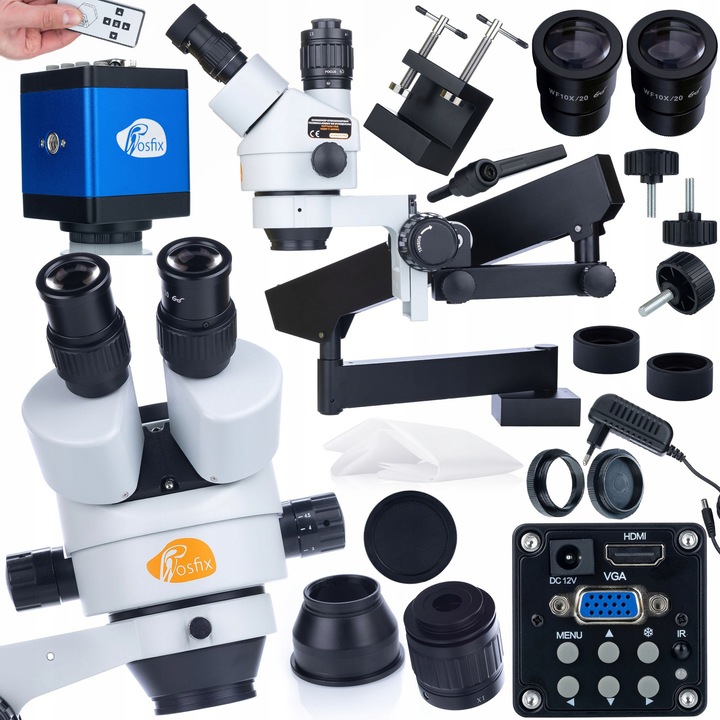 Тринокулярен стереоскопичен микроскоп Rosfix Neptune Pro MSNP-T-WDMS1 + микроскопска камера Draco Blue PRO 2MP, комплект, 7x-45x, Бял/Черен