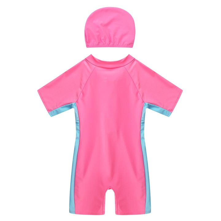 Costum de baie doua piese Mixbo, Scuba Girls, salopeta si casca protectoare, roz