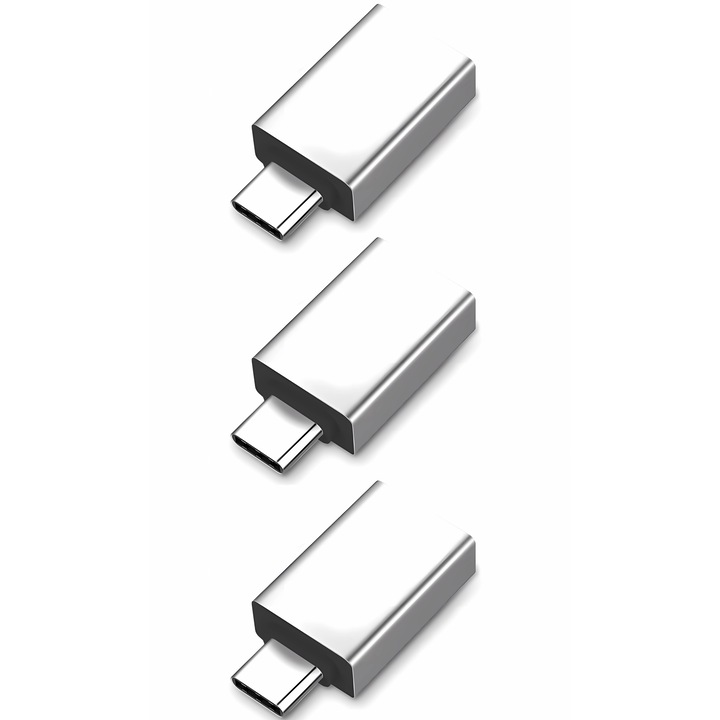 Комплект от 3 адаптера Bervolo® с щепсел USB-C към USB-A 3.0, бързо зареждане, алуминиев корпус, сребристи