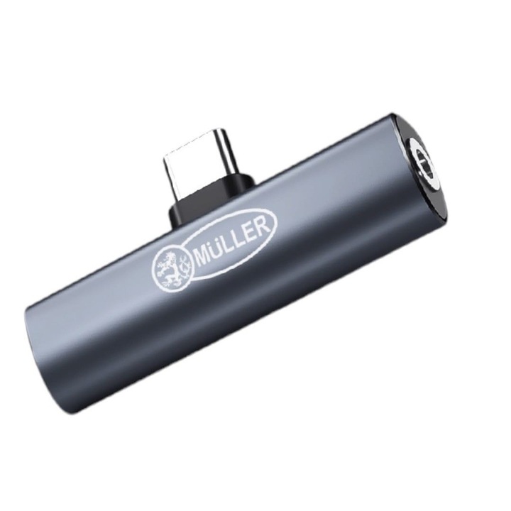 Адаптер Muller®️, Type C към зареждаща майка и TRRS 3.5 майка Jack 3.5 mm TRSS, DAC ADC 32bit 348Khz Hi-Res, Hi-Fi PD3.0 60W 20V 3A, Сив