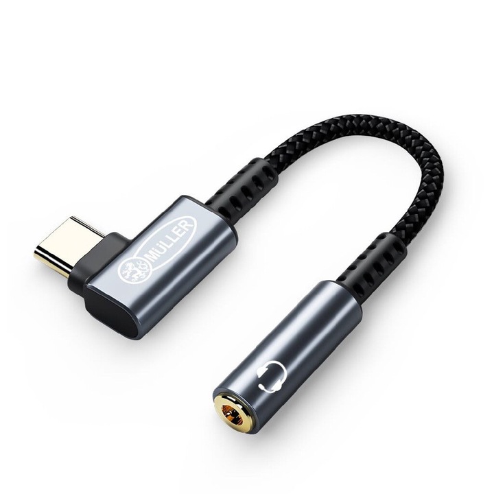 Muller®️ аудио адаптер за телефон, 90 градуса USB Type C - Jack 3.5 mm TRSS, DAC ADC 16bit 48Khz, Hi-Res Hi-Fi, Grey