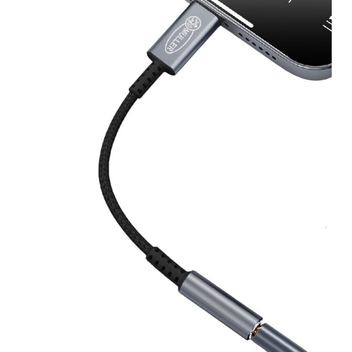 Adaptor audio Muller®️ pentru telefon, lightning - jack 3.5 mm TRSS, DAC ADC 16bit 48Khz, Hi-Res Hi-Fi, Argintiu