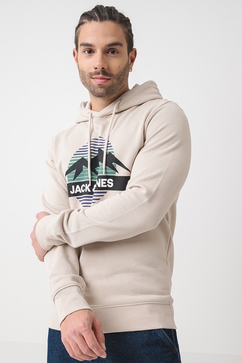 Jack & Jones, Худи с памук с принт, Черен/Бежов