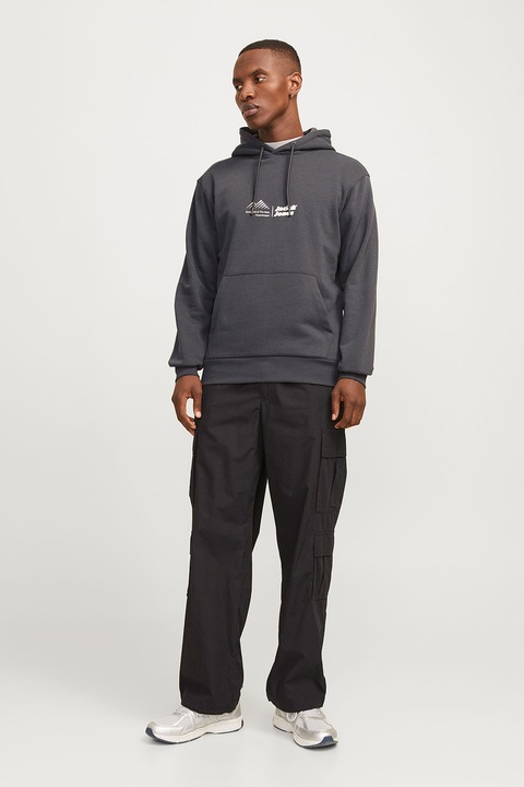 Jack & Jones, Стандартно худи с памук с джоб кенгуру, Tъмносив
