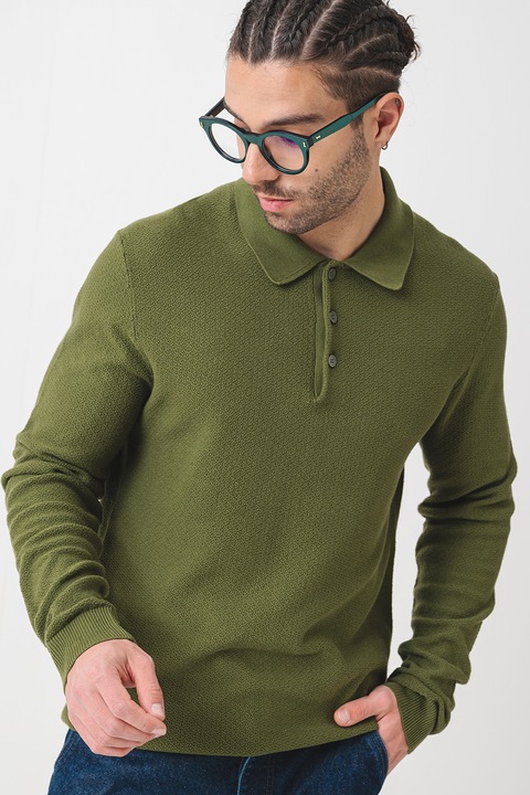 Jack & Jones, Памучен пуловер с яка, Папратово зелено