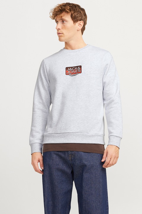 Jack & Jones, Bluza de trening din amestec de bumbac cu imprimeu logo, Rosu/Gri deschis melange