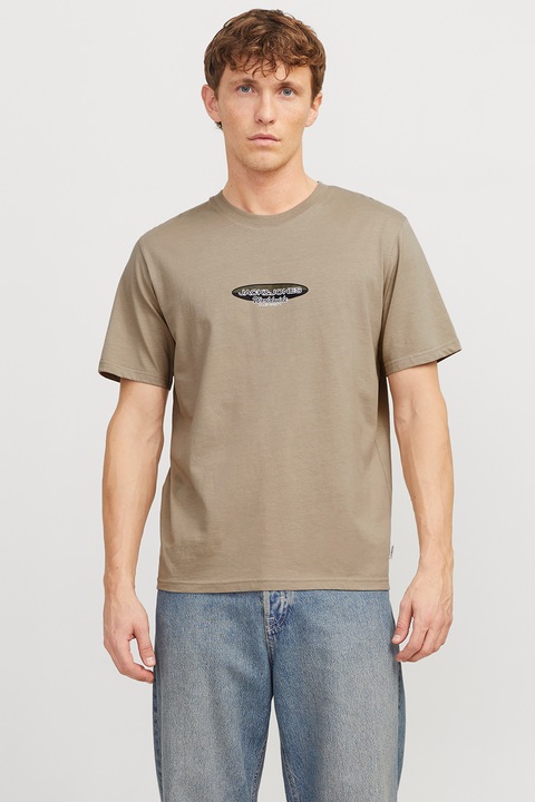 Jack & Jones, Тениска от памук с лого, Сиво-бежов