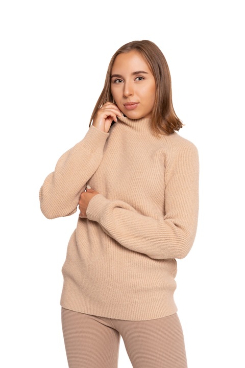 Pulover dama Moraj, acril/poliamida/poliester, tricotaj moale, croiala larga, bej