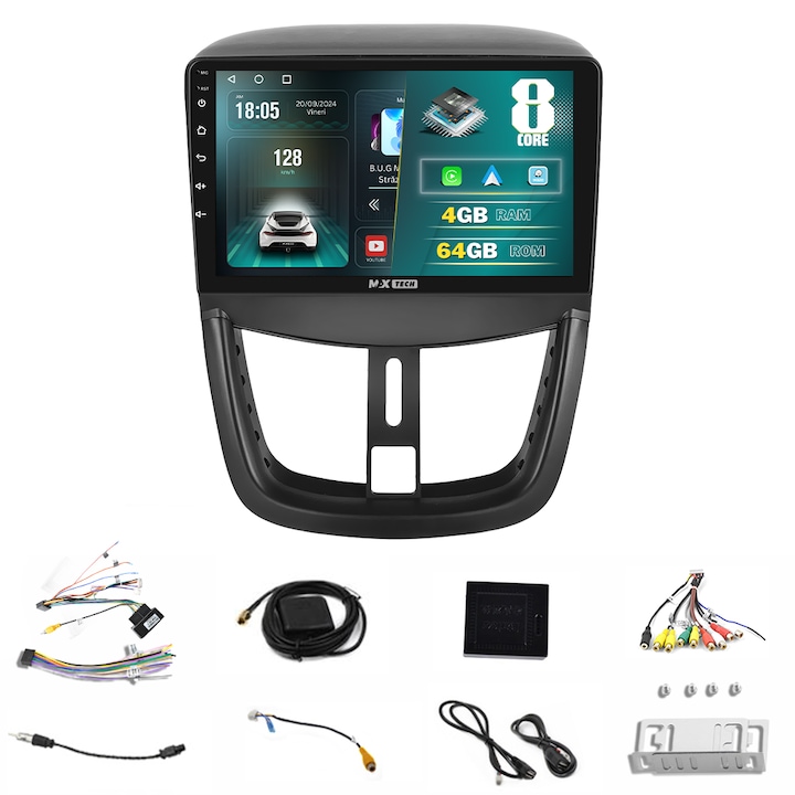 Navigatie Peugeot 207 ( 2006 - 2015 ) dedicata Android 13 si CarPlay, MaxTech®, ecran de 10 inch IPS, 4 GB Ram 64 GB Rom functii GPS, WIFI, RDS, DSP, EQ, Radio Mirrorscreen, Bluetooth, Waze
