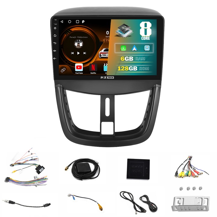 Navigatie Peugeot 207 ( 2006 - 2015 ) dedicata Android 13 si Carplay, MaxTech®, ecran de 10 inch IPS, 6 GB Ram 128 GB Rom functii GPS, WIFI, RDS, DSP, EQ Radio, Google Play, Bluetooth, Waze