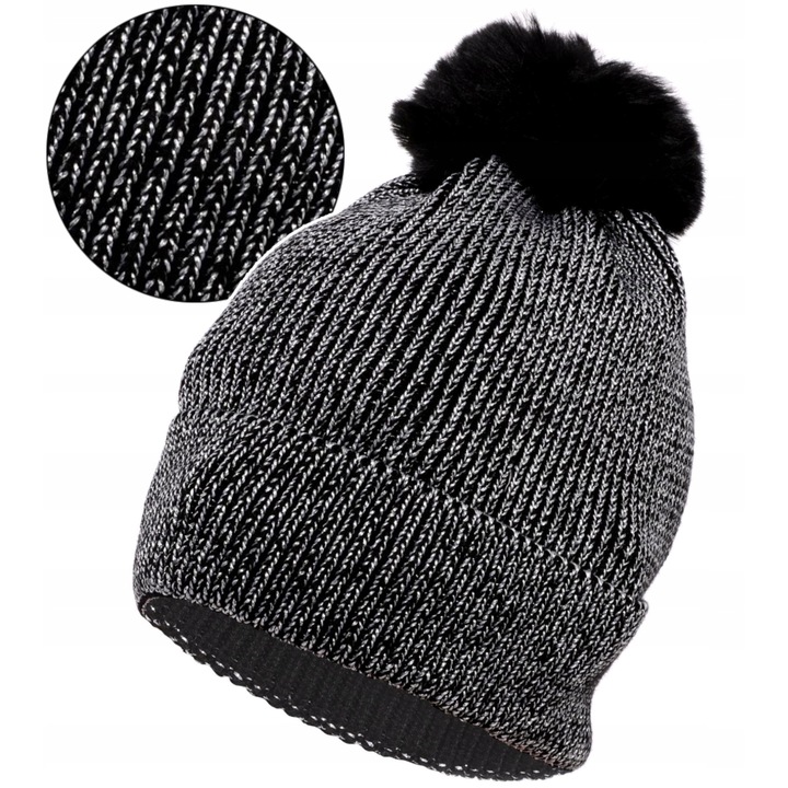 Caciula dama Moraj, acril, cu pompon, marime universala, negru/rgintiu