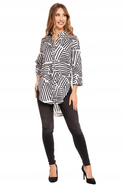 Camasa eleganta de dama Moraj, maneci 3/4, dungi, nasturi aurii, negru alb, poliester-elastan