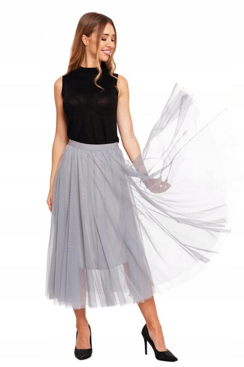 Moraj elegáns midi tüll szoknya, szürke, 100% poliészter, S/M-es méret, kétrétegű