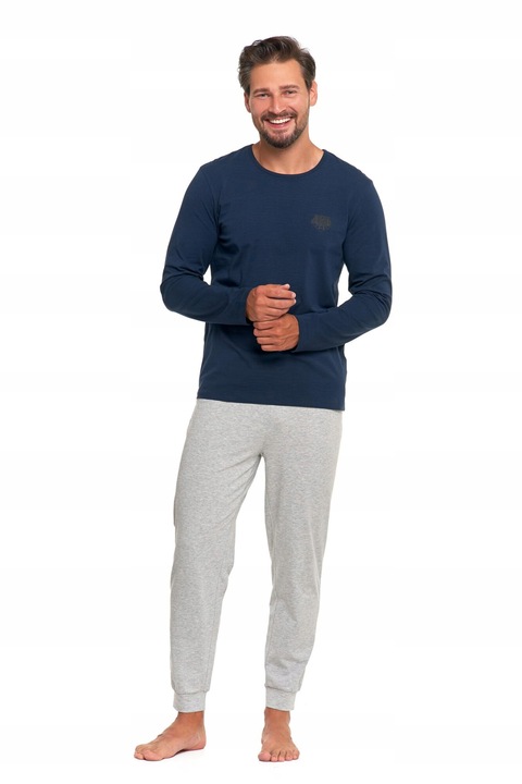 Férfi pizsama, MORAJ, hosszú ujjú, hosszú nadrág, sima pamut, szürke bluemarin