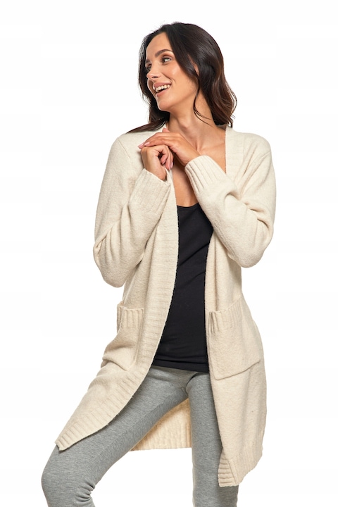 Cardigan lung dama Moraj, poliester/elastan, cu buzunare, ecru