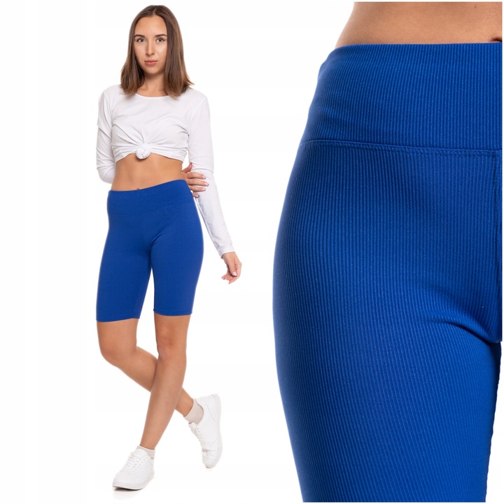 Дамски спортен панталон, Moraj, къс рипсен клин, висока талия, син полиестер-еластан