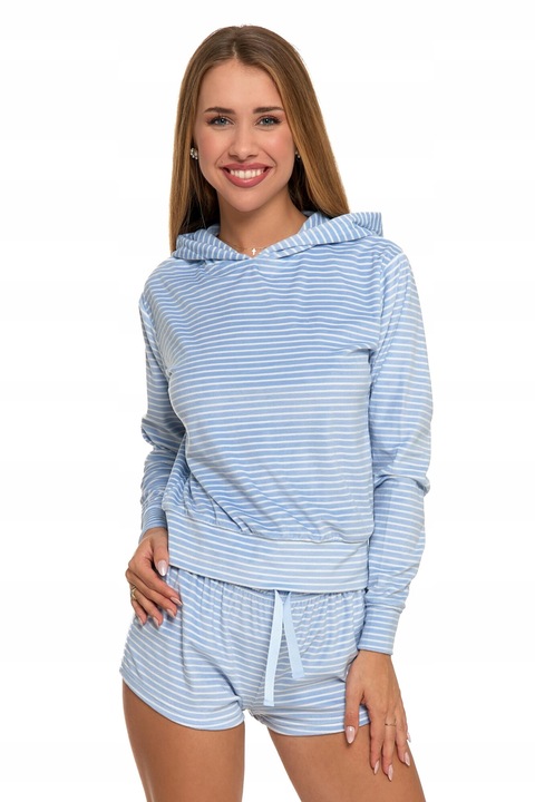 Комплект пижама Moraj с качулка, удобен велур, райе, за жени, син полиестер, XL INTL