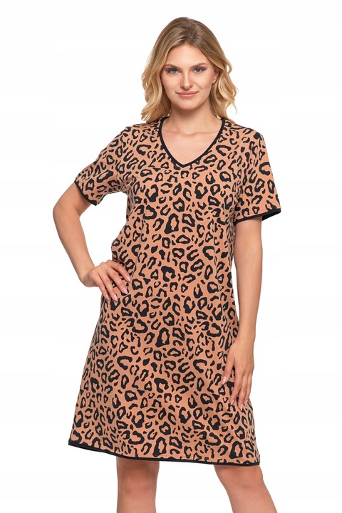 Нощница Moraj, с леопардов принт, памук, къс ръкав, черно/бежово, S INTL