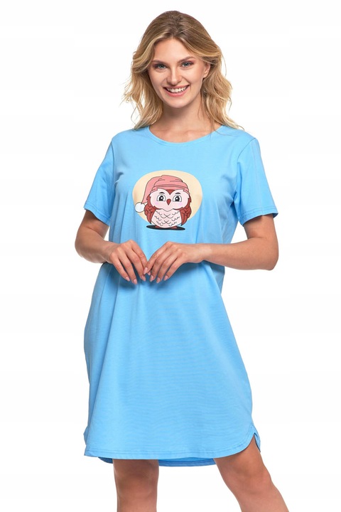 Camasa de noapte, Moraj, bumbac, model cu bufnita, albastru