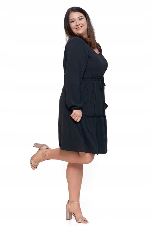 Rochie de dama Moraj, legata in talie, volane, poliester, negru, S INTL