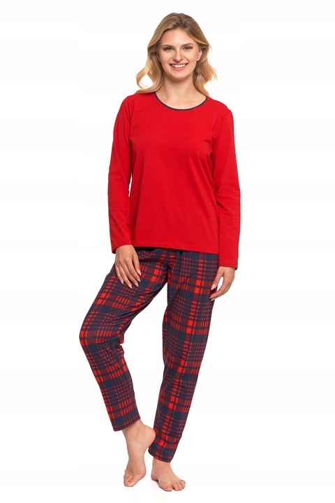 Дамска пижама Moraj с дълъг панталон, памучна, карирана, червена