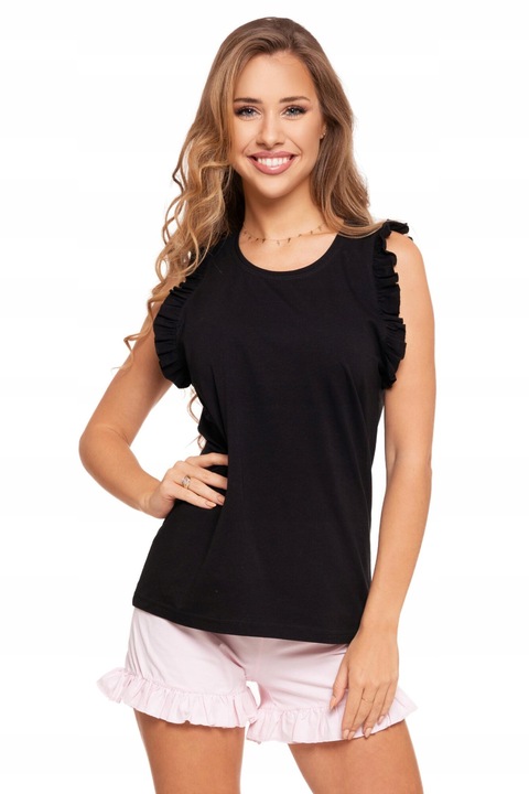 Női pizsama, Moraj, rövidnadrág és felső, pamut/elasztán, fekete/rózsaszín, L INTL