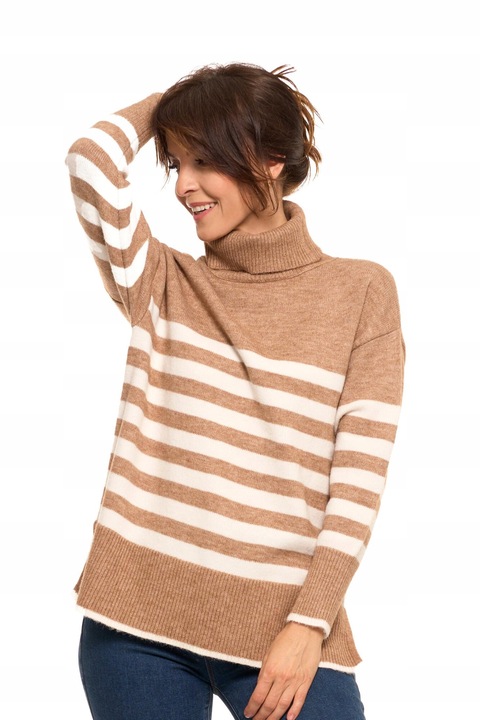 Pulover dama Moraj, acril/poliester/poliamida, pentru toamna, imprimeu dungi, lejer, bej/alb