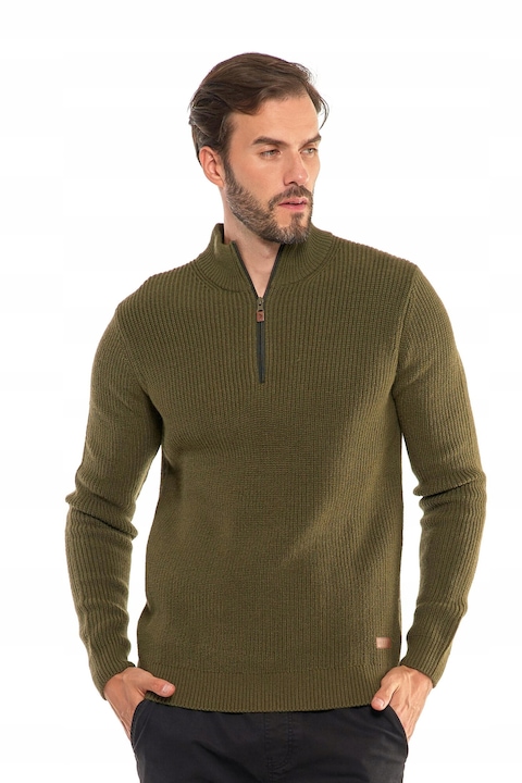 Pulover barbati, Moraj, guler ridicat, fermoar, elegant, cald, kaki, acril poliamida, tricotaj