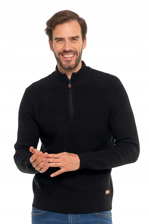 Pulover barbati, Moraj, guler ridicat, fermoar, negru, elegant, acril poliamida, S INTL