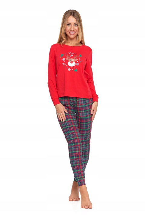 Дамска пижама Moraj, с коледна шарка, тениска с елени, памук/еластан, червено/зелено, XL INTL