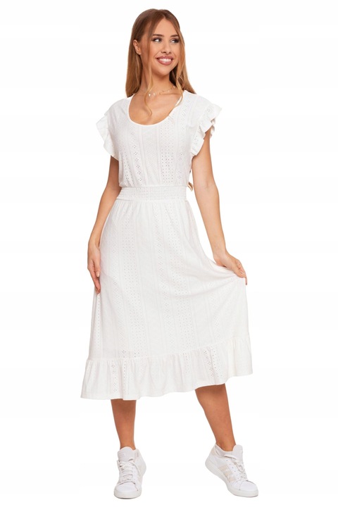 Дамска рокля Moraj, Midi, Полиестер/Еластан, Разкроена, Ажурна, Ръкав тип пеперуда, Бяла