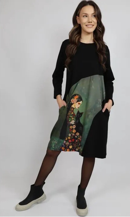 Rochie Midi Cu Buzunare Si Manaca Lunga Insertie Print Cat Melek, Talie Unica, Multicolora