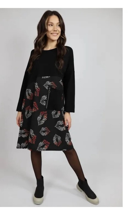 Rochie Midi Cu Maneca Lunga Si Buzunar Aplicat Kiss, Talie Unica, Negru