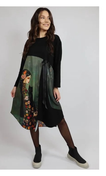 Rochie Midi Asimetrica Cu Buzunare Si Manaca Lunga Cat Melek, Talie Unica, Multicolora